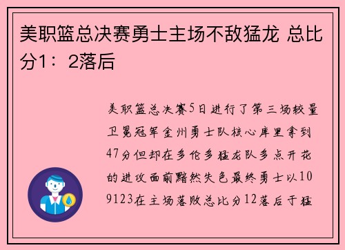 美职篮总决赛勇士主场不敌猛龙 总比分1：2落后